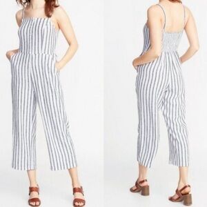 Old Navy Blue Striped Jumpsuit Linen Blend w/Pockets Smocked Back Sleeveless